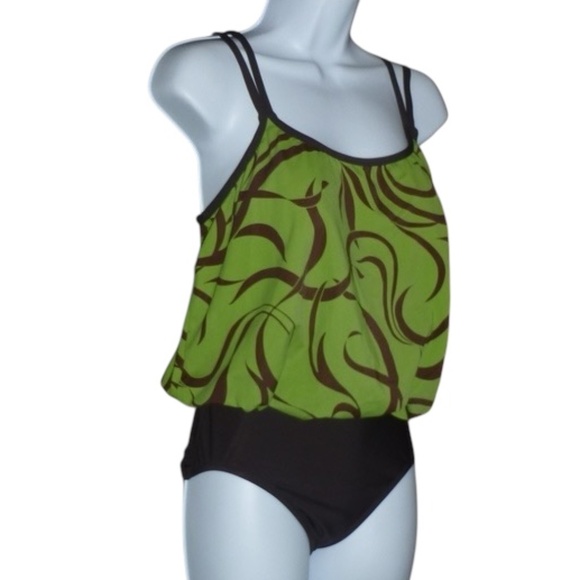 Mainstream Green & Brown One Piece Swimsuit, Blouson, Double Strap, Lined, 8 NWT - Picture 2 of 8